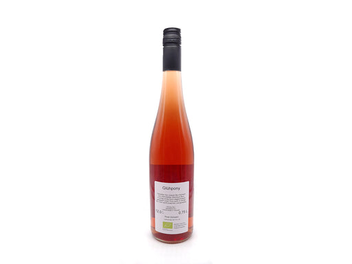 Eine hohe Flasche Glühwein – Glühpony – steht zentriert auf weißem Grund. Der Wein leuchtet rosa-orange, auf dem Etikett steht Gulbporto, Bio-Zertifizierung, 12 % Alkohol und 0,75 l Volumen.