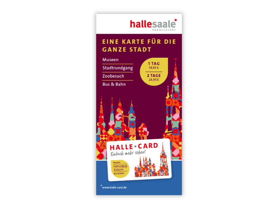 Der Halle Card Flyer Deutsch zeigt anschauliche abstrakte Illustrationen der Sehenswürdigkeiten Halles und hebt 1- oder 2-Tageskarten für Museen, Stadtrundfahrten, Zoobesuche und die Nutzung des öffentlichen Nahverkehrs in Halle (Saale) hervor.