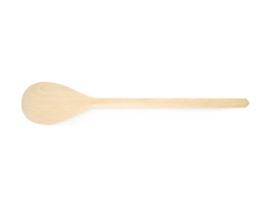 Ein schlichter, heller Kochlöffel aus Buchenholz mit runder, flacher Laffe und geradem Griff thront zentriert auf weißem Untergrund. Der saubere, unbenutzte Löffel eignet sich ideal zur Personalisierung mit individuellen Gravurvarianten.