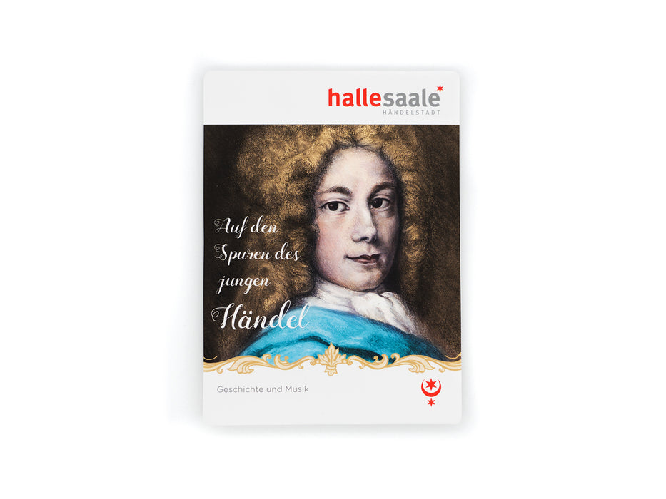Das Broschürencover zum Kulturstadtplan „Auf den Spuren des jungen Händel“ zeigt ein gemaltes Porträt des jungen Händel in Kleidung aus dem 18. Jahrhundert mit dem Titel „Auf den Spuren des jungen Händel“. Oben erscheint das rote Halle-Saale-Stern-Logo.