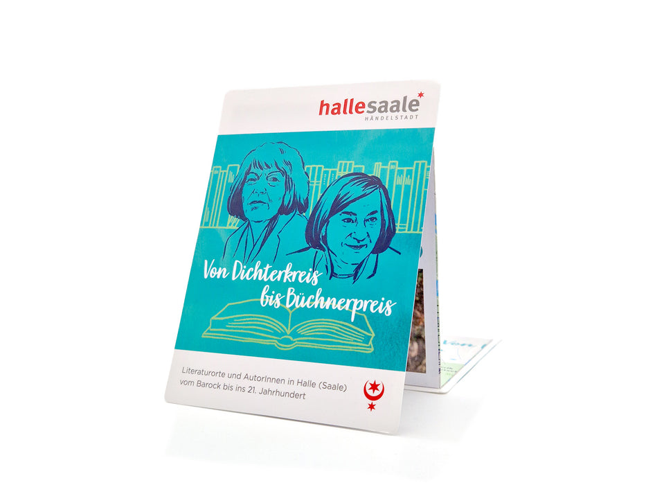 Die Faltbroschüre „Vom Dichterkreis bis zum Büchnerpreis“ zeigt Kunstwerke zweier Frauen, Bücher im Hintergrund und das Logo der Stadt Halle (Saale) und beleuchtet literarische Stätten und Kultur in Halle vom Barock bis heute.