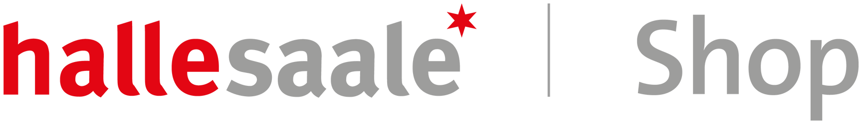 Das Logo zeigt den Schriftzug „hallesaale Shop“ in Kleinbuchstaben, wobei „halle“ in Rot und „saale Shop“ in Grau gehalten sind. Über dem zweiten „a“ in „saale“ befindet sich ein kleiner roter Stern. Eine vertikale graue Linie trennt „hallesaale“ und „shop“.