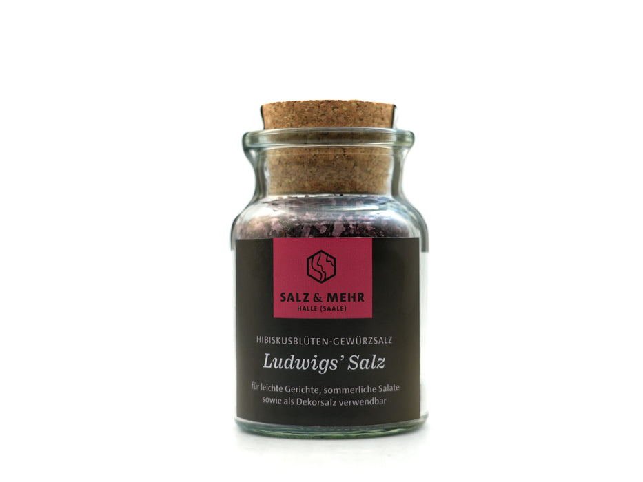 Das Salz & Mehr-Bundle „Ludwigs Salz groß mit Salzschaufel“ im Glas mit Korkdeckel, beschriftet mit Hibiskusblüten-Gewürzsalz, ideal für leichte Gerichte, Sommersalate oder als Dekosalz.