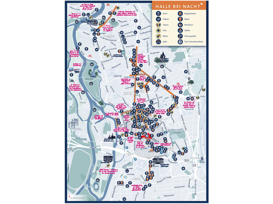 „Nachtstadtplan Halle (Saale)“ ist eine anschauliche, illustrierte Karte der Halleschen Innenstadt, auf der Nachtlokale – Bars, Restaurants, Theater wie die Halleschen Bühnen – und Sehenswürdigkeiten mit Symbolen, rosafarbenen handschriftlichen Notizen und einer Legende in der oberen rechten Ecke markiert sind.