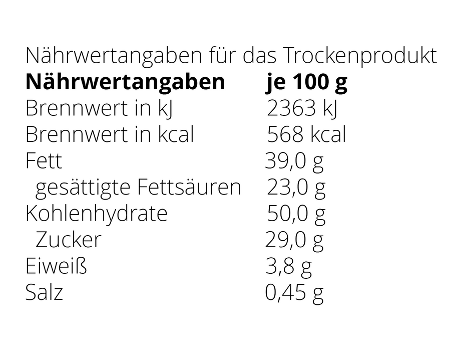 Deutsche Nährwertkennzeichnung für Sandwichwaffeln pro 100 g: 2363 kJ Energie, 568 kcal, 39 g Fett (23 g gesättigt), 50 g Kohlenhydrate (29 g Zucker), 3,8 g Protein, 0,45 g Salz. „Nährwertangaben je 100g“.