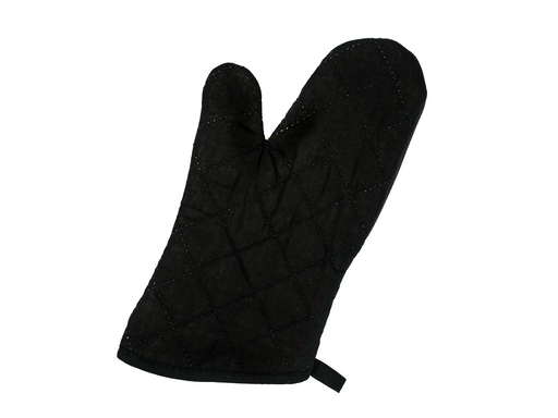 Ein einzelner schwarzer gesteppter Ofenhandschuh mit Rautenmuster und Daumenteil liegt flach auf weißem Hintergrund, verfügt über Wärmeschutz und eine Aufhängeschlaufe an der Manschette.