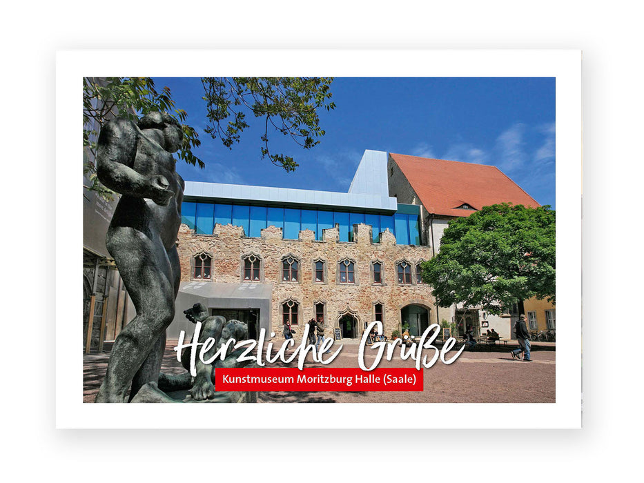 Die Postkarte „Moritzburg“ zeigt das Kunstmuseum Moritzburg Halle (Saale) mit seiner historischen Steinfassade, modernen Glaselementen, einem großen Baum und einer Bronzestatue. Text: Herzliche Grüße – Kunstmuseum Moritzburg Halle (Saale).
