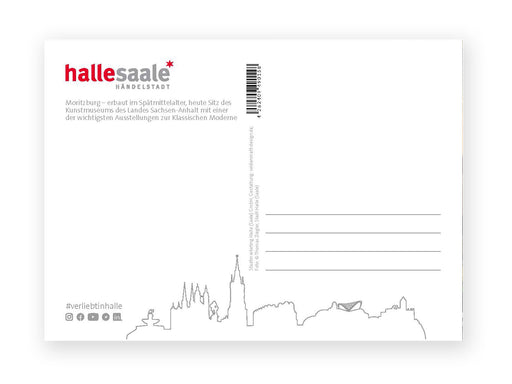 Die Postkarte „Moritzburg“ hat einen weißen Hintergrund, das rot-graue Logo „halle saale* HANDELSTADT“ oben links, deutschen Text, einen grauen Umriss der Skyline von Halle (Saale) mit dem Kunstmuseum Moritzburg sowie Platz für Adresse und Briefmarke.