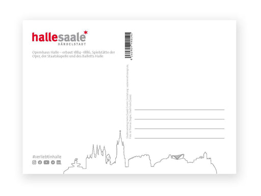 Die Postkarte „Oper Halle“ zeigt oben Links „halle saale HANDELSTADT“ in Rot und Grau, darunter Text zur Oper Halle. Unten schmückt ein schwarzer Skyline-Umriss das Motiv, rechts finden sich Adresszeilen, links Social Media Icons.