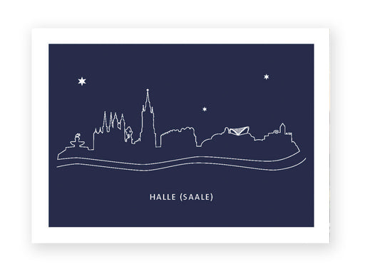 Die Postkarte „Silhouette Halle“ zeigt eine minimalistische weiße Strichzeichnung der Skyline von Halle (Saale) mit den berühmten fünf Türmen, Gebäudesilhouetten, drei Sternen, Wellenlinien und „HALLE (SAALE)“ zentriert auf einem dunkelblauen Hintergrund.