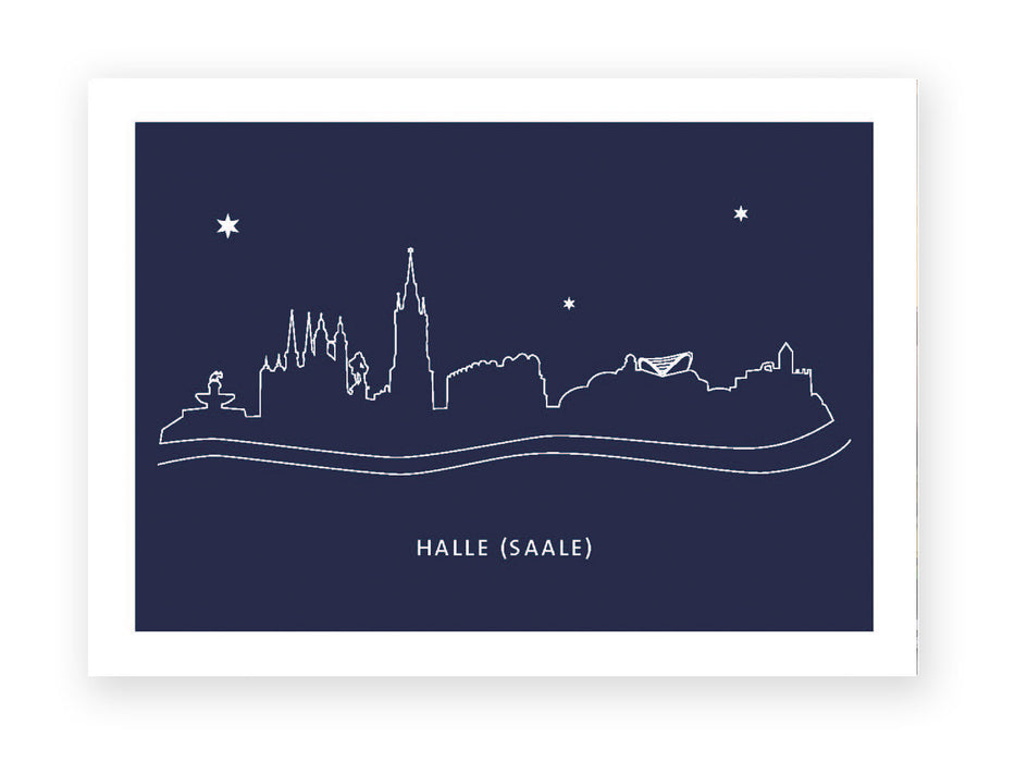 Die Postkarte „Silhouette Halle“ zeigt eine minimalistische weiße Strichzeichnung der Skyline von Halle (Saale) mit den berühmten fünf Türmen, Gebäudesilhouetten, drei Sternen, Wellenlinien und „HALLE (SAALE)“ zentriert auf einem dunkelblauen Hintergrund.