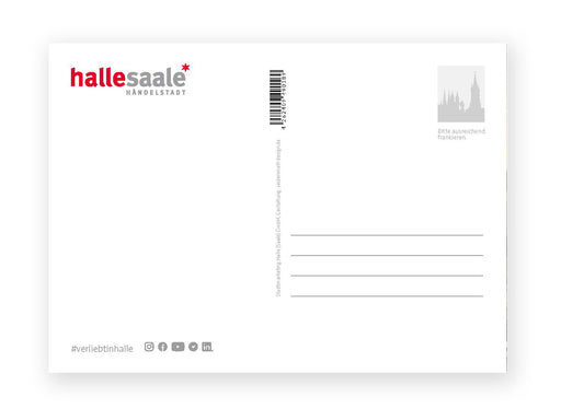 Die Postkarte „Silhouette Halle“ ist eine Blankopostkarte aus Halle (Saale), Deutschland, mit den Sehenswürdigkeiten von Halle (Saale). Es zeigt das Logo „halle saale* HANDELSTADT“, Social-Media-Icons mit #verliebtinhalle und Platz für einen Stempel.