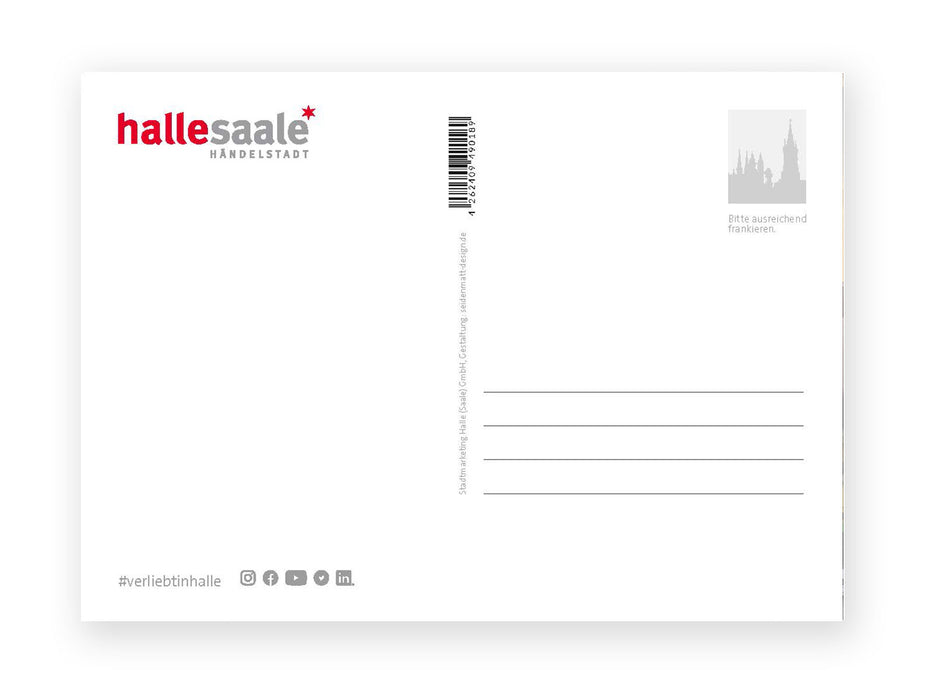 Die Postkarte „Silhouette Halle“ ist eine Blankopostkarte aus Halle (Saale), Deutschland, mit den Sehenswürdigkeiten von Halle (Saale). Es zeigt das Logo „halle saale* HANDELSTADT“, Social-Media-Icons mit #verliebtinhalle und Platz für einen Stempel.