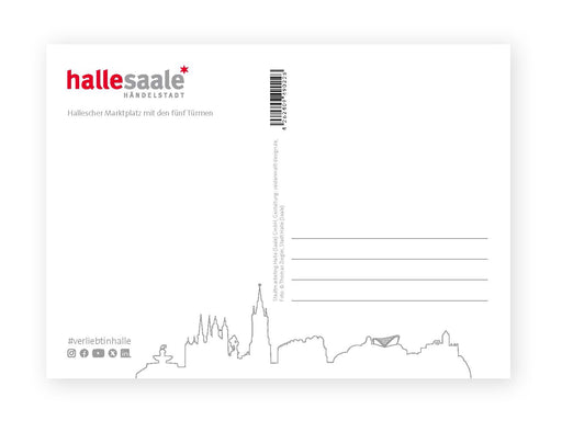 Die Postkarte „Hallescher Weihnachtsmarkt“ zeigt eine minimalistische Stadtsilhouette mit der Aufschrift Hallescher Marktplatz mit den fünf Türmen, mit Halle (Saale) HÄNDELSTADT in kräftigem Rot/Grau oben links und Adresszeilen sowie Hashtags für den Weihnachtsmarkt.