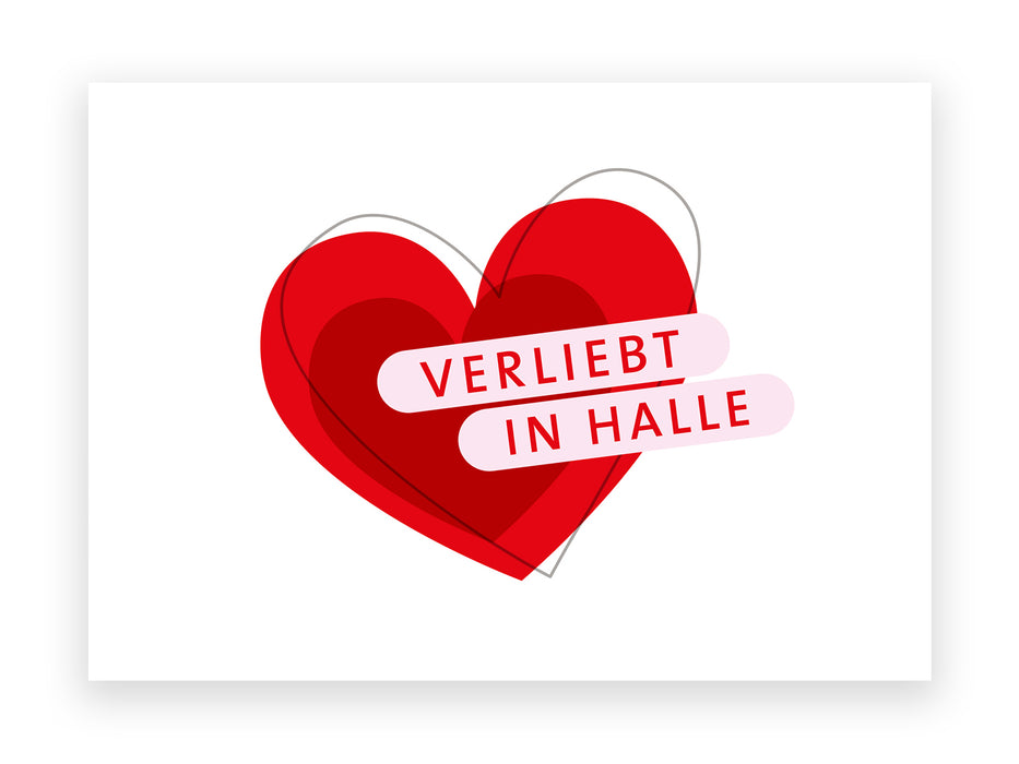 Der Postkartenaufkleber „Verliebt in Halle“ zeigt ein rotes Herz mit zwei rosa-weißen Bannern, auf denen in kräftigem Rot „VERLIEBT“ und „IN HALLE“ steht – der perfekte Aufkleber, um Ihre Liebe zu Halle auszudrücken. Das Design sticht auf weißem Hintergrund mit dezentem Schatten hervor.