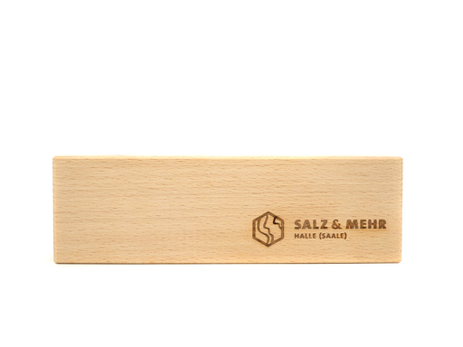 Ein rechteckiger, heller Reagenzglashalter aus Holz mit abgerundeten Kanten ist handgefertigt und trägt das in der unteren rechten Ecke eingravierte Logo der SALZ & MEHR HALLE (SAALE). Er ist von vorne vor einem schlichten weißen Hintergrund fotografiert.