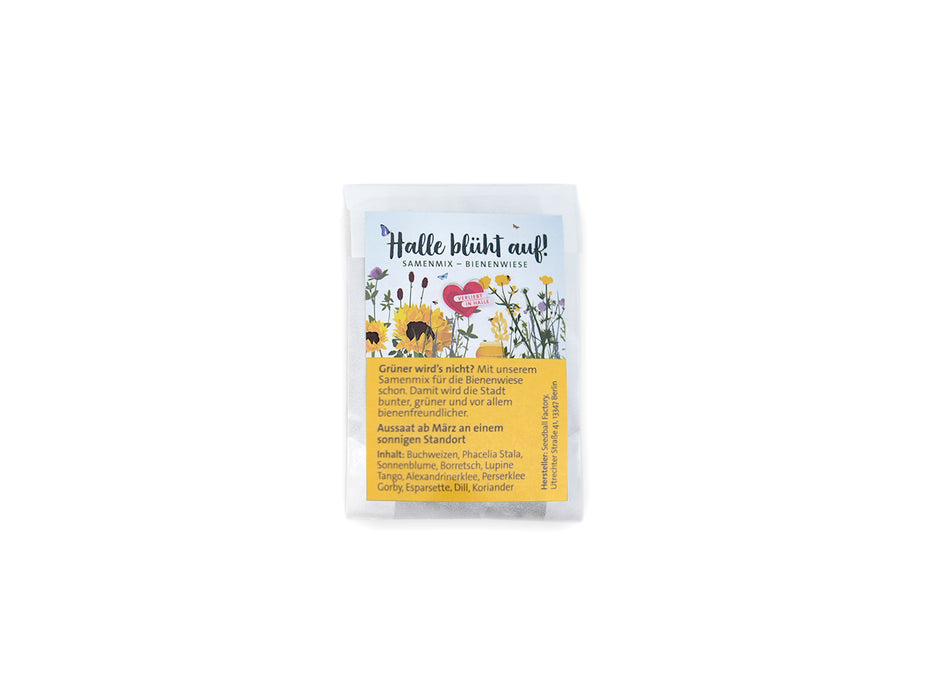 Eine kleine Packung Samenmix „Bienenwiese“ zeigt bunte Blumen-, Bienen- und Sonnenillustrationen auf weißem Hintergrund sowie eine gelbe Schachtel mit deutscher Pflanzanleitung.