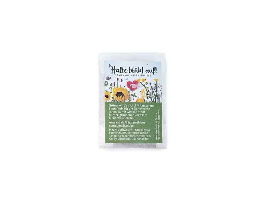 Die Samenmix Wildblumensamenpackung "Bienenwiese" zeigt farbenfrohe Bienen-, Blumen- und Grünpflanzen-Illustrationen. Ein grünes Etikett gibt Aussaat- und Inhaltsinformationen in deutscher Sprache. Die Packungsmitte ist auf weißem Hintergrund.