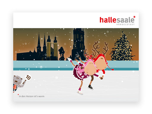 Zwei Rentiere, Finni und Rudi, laufen auf dieser Postkarte fröhlich an der Skyline einer Stadt entlang. Schnee fällt, während ein Roboter ihren festlichen Spaß vervollständigt. Weihnachtsbaumbeleuchtung und „In den Herzen ist’s warm“ sorgen für Adventswärme. Text: Finni, Halle Saale.