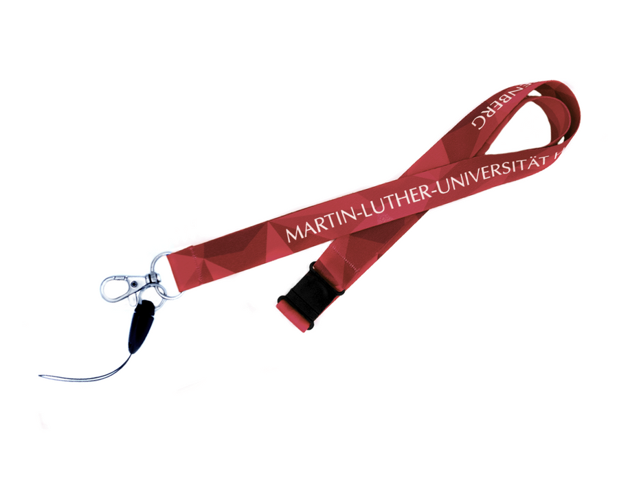 Das Schlüsselband „Martin-Luther-Universität“ ist ein rotes Schlüsselband mit weißem MARTIN-LUTHER-UNIVERSITÄT-Schriftzug, Metallclip und Kunststoffschnalle – ideal für Studierende der Universität Halle oder Besucher der Tourist-Information Halle.