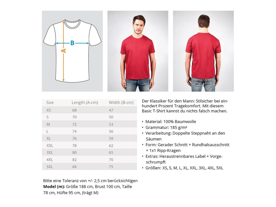 Eine Größentabelle für das T-Shirt „Graffiti-Händel“ von Baumwolle zeigt ein beschriftetes Längen-/Weitendiagramm, Modellbilder von Vorder- und Rückseite, Größeninformationen (XS–5XL), Digital Direkt Druck-Details, Pflegehinweise und deutsche Modelldaten.