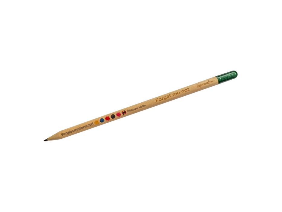 Ein beiger Bleistift mit Blumensamen „Bühnen Halle“ mit grünem Radiergummi und den seitlich aufgedruckten Worten „Vergissmeinnicht“, „Vergissmeinnicht“ und „Souvenir Helvetia“, getrennt durch kleine blaue, rote und weiße Blumensymbole.