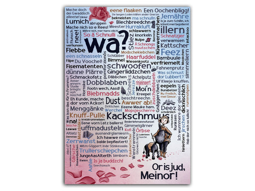 Plakat "Halle Mundart" - Wer hior nich schmunzld, is selbor schuld! Plakat mit Halleschen Mundart-Begriffen.  Das Plakat wurde von der Halleschen Künstlerin Selina Peterson entwickelt.