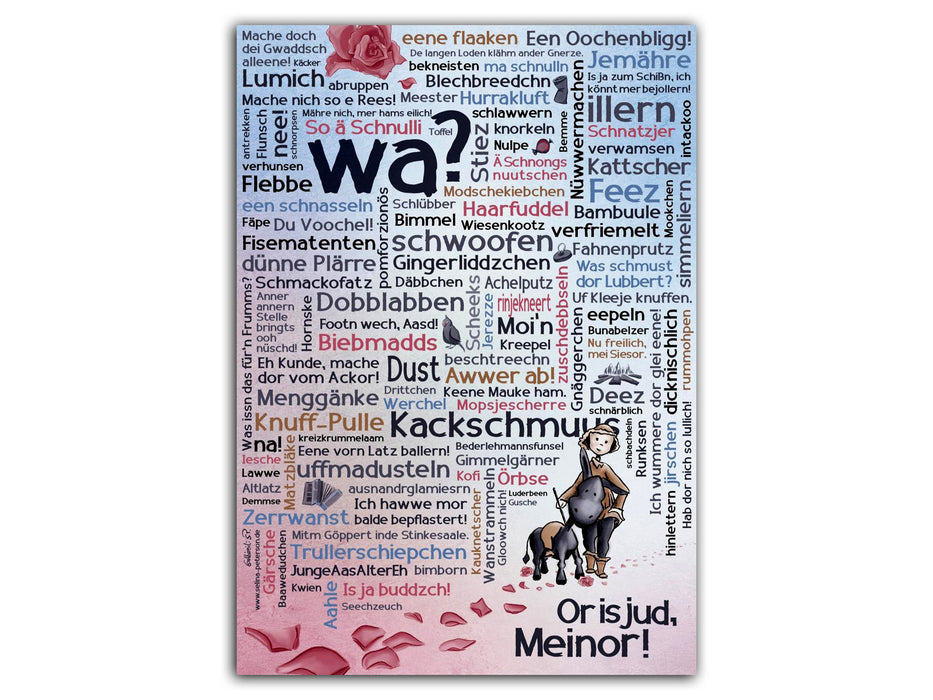 Plakat "Halle Mundart" - Wer hior nich schmunzld, is selbor schuld! Plakat mit Halleschen Mundart-Begriffen. Das Plakat wurde von der Halleschen Künstlerin Selina Peterson entwickelt.