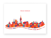 Farbenfrohe Illustration der Skyline von Halle Saale mit Wahrzeichen wie dem Roten Turm und der Marktkirche im geometrischen Muster-Design.