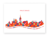 Farbenfrohe Illustration der Skyline von Halle Saale mit Wahrzeichen wie dem Roten Turm und der Marktkirche im geometrischen Muster-Design.