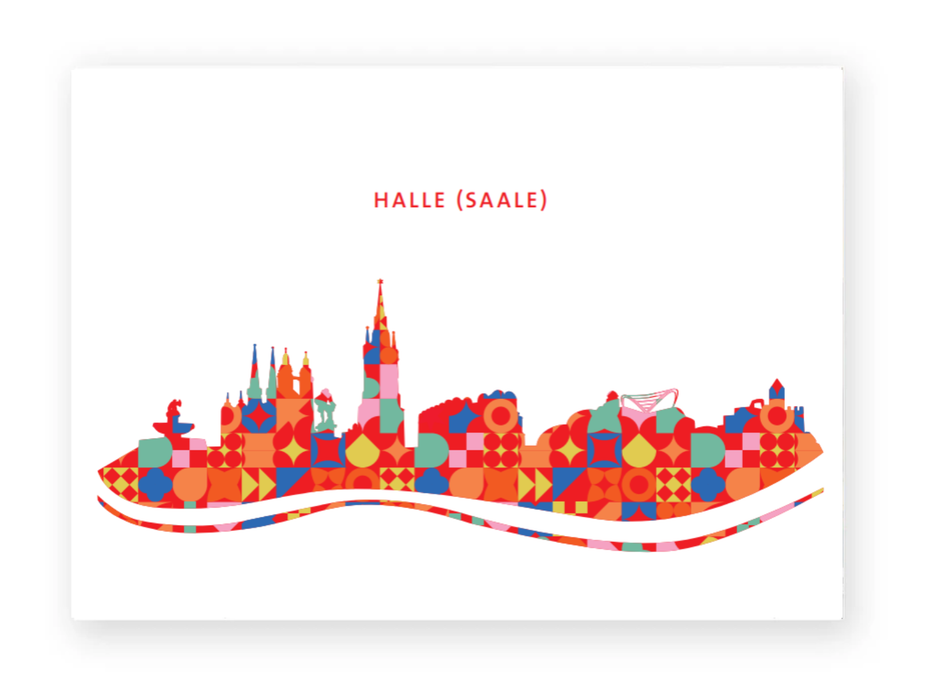 Farbenfrohe Illustration der Skyline von Halle Saale mit Wahrzeichen wie dem Roten Turm und der Marktkirche im geometrischen Muster-Design.