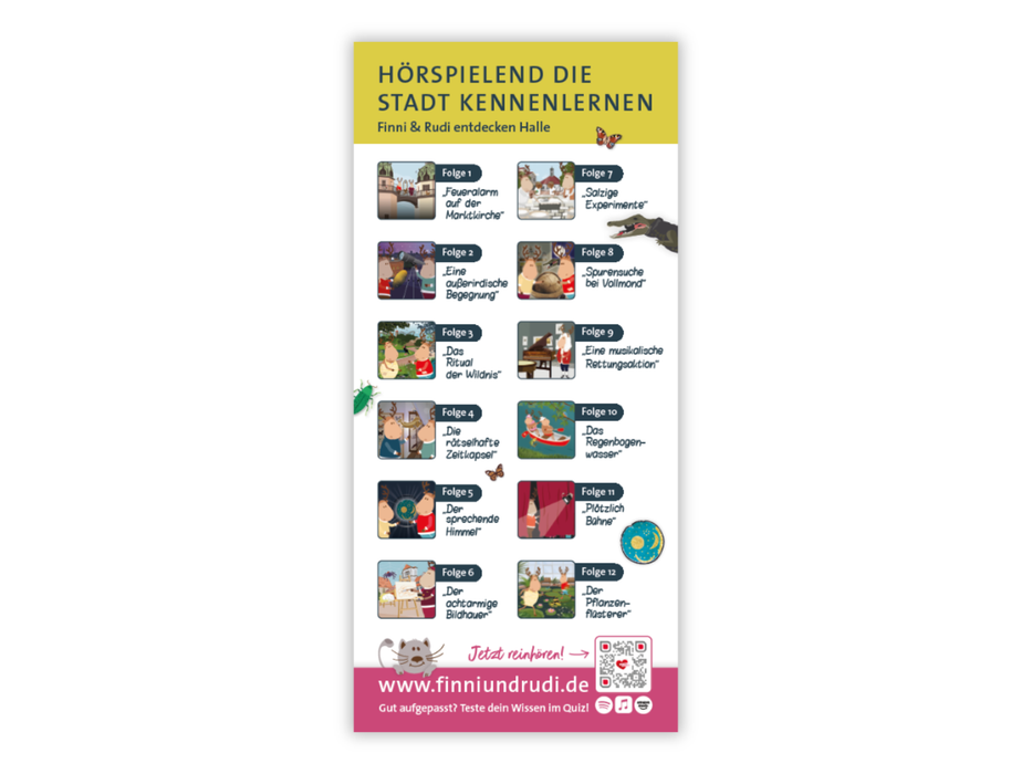 Flyer Hörspielreihe "Finni & Rudi entdecken Halle"