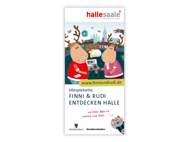 Flyer Hörspielreihe "Finni & Rudi entdecken Halle"
