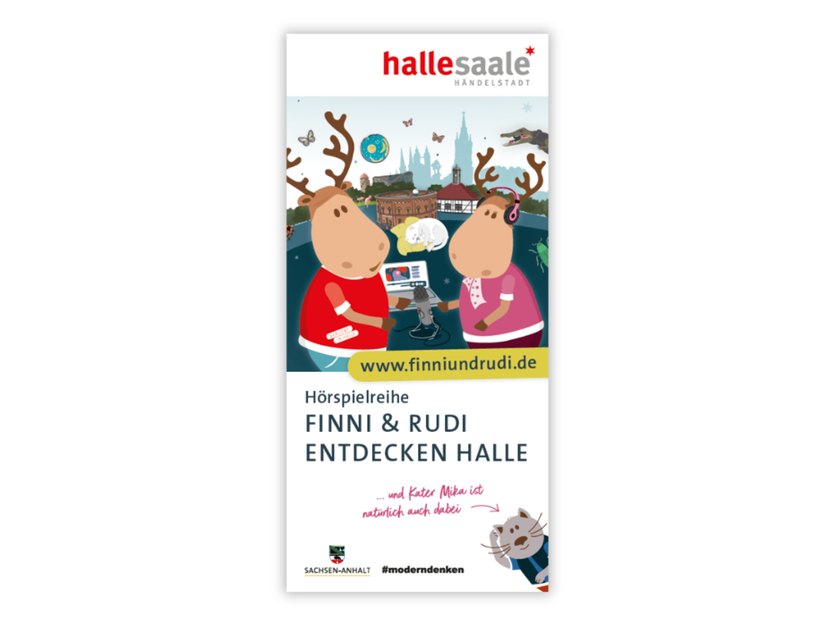 Flyer Hörspielreihe "Finni & Rudi entdecken Halle"