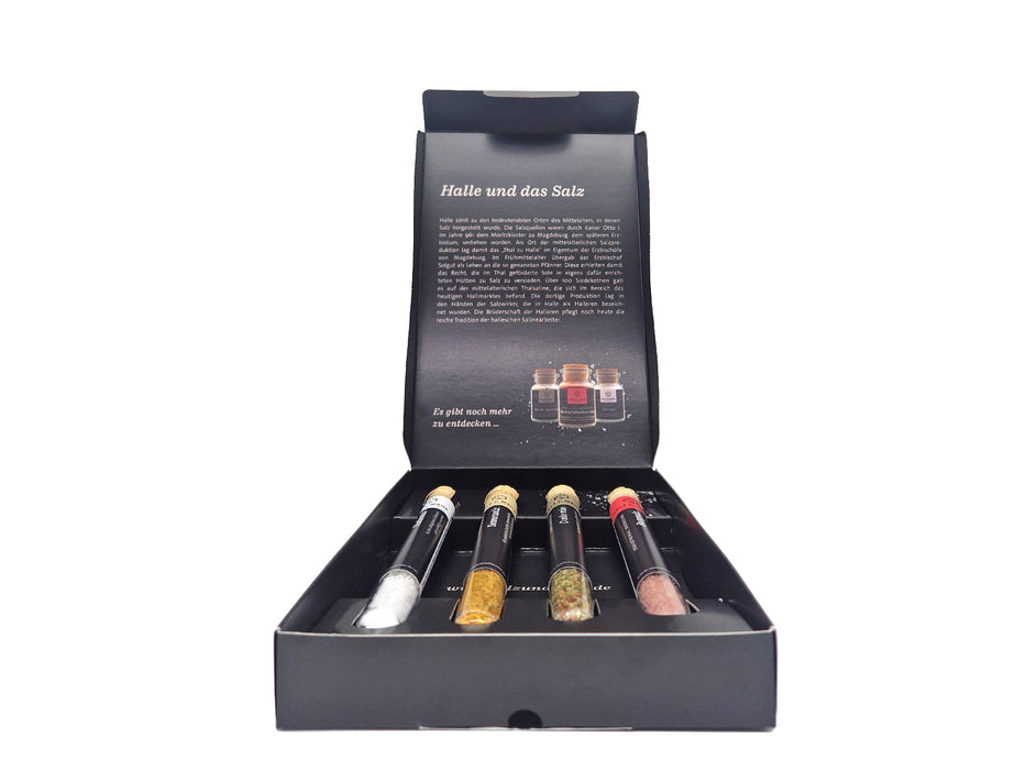 Geöffnete schwarze Geschenkbox „Kleine Salzschätze“ von SALZ & MEHR Halle (Saale) auf weißem Hintergrund. Im Deckel ist ein gedruckter Text über die Geschichte von „Halle und das Salz“ zu sehen, sowie Abbildungen von drei Gewürzgläsern. Im Bodenteil liegen in Einbuchtungen vier Reagenzgläser mit Korkverschluss, die mit unterschiedlichen Salzsorten und Gewürzmischungen gefüllt sind.