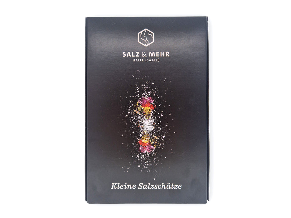 Geschlossene schwarze Geschenkbox „Kleine Salzschätze“ von SALZ & MEHR Halle (Saale) in der Frontansicht auf weißem Hintergrund. Oben ist das Firmenlogo platziert, mittig eine bunten Salz-Explosion abgebildet und unten steht der Produktname in geschwungener Schrift.