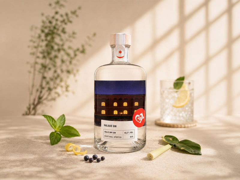 Flasche Halaxie Gin mit nächtlichem, beleuchtetem Gebäude auf dem Etikett, stilvoll inszeniert mit Zitronengras, Basilikum und Zitronenschale.