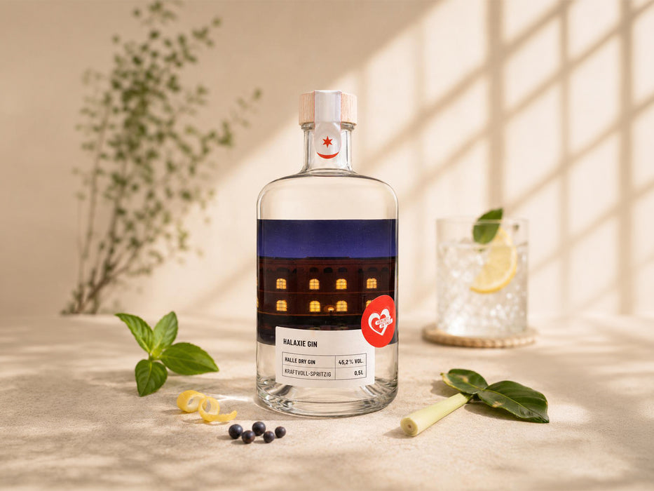 Flasche Halaxie Gin mit nächtlichem, beleuchtetem Gebäude auf dem Etikett, stilvoll inszeniert mit Zitronengras, Basilikum und Zitronenschale.