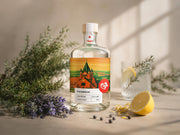 Flasche Paulusgrün Gin (Halle Dry Gin) mit einem kunstvollen Etikett der Pauluskirche Halle, umgeben von Lavendelblüten, Rosmarinzweigen, Wacholderbeeren und einer frischen Zitrone.