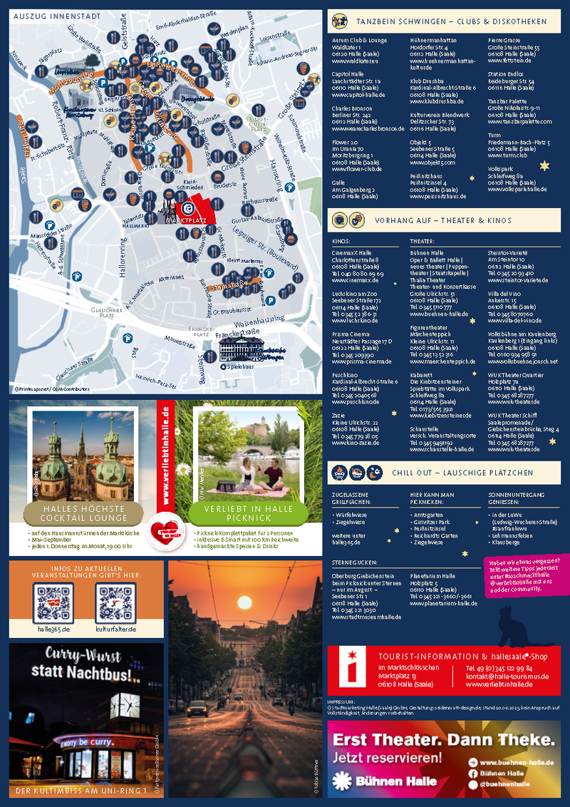 Der „Nachtstadtplan Halle (Saale)“ ist ein lebendiger Stadtplan mit detaillierten Clubs, Theatern, Bars und Chill-Spots sowie eingefügten Fotos von Sehenswürdigkeiten und Veranstaltungen. Er listet Veranstaltungsorte wie die Halleschen Bühnen und Restaurants auf und bietet außerdem Informationen zum Nachtleben und zu Sehenswürdigkeiten.