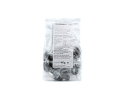 Eine durchsichtige Plastiktüte mit zuckerfreien Halleschen Schnongse Salzbonbons "Lakritz-Sole", vegan und einzeln verpackt, liegt vor einem weißen Hintergrund; Nährwertangaben in Deutsch. Nettogewicht: 90 g.