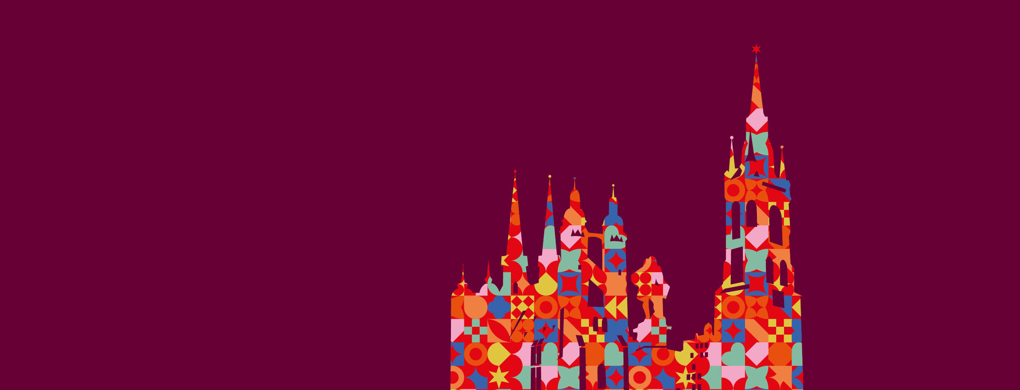 Die Silhouette einer Burg mit hohen Türmen ist mit einem farbenfrohen Patchwork aus geometrischen Mustern in Rot, Orange, Blau und Pink gefüllt. Der Hintergrund ist kastanienbraun, mit viel freiem Raum oberhalb und links der Burg.