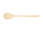 Ein schlichter, heller Kochlöffel aus Buchenholz mit runder, flacher Laffe und geradem Griff thront zentriert auf weißem Untergrund. Der saubere, unbenutzte Löffel eignet sich ideal zur Personalisierung mit individuellen Gravurvarianten.