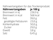 Deutsche Nährwertkennzeichnung für Sandwichwaffeln pro 100 g: 2363 kJ Energie, 568 kcal, 39 g Fett (23 g gesättigt), 50 g Kohlenhydrate (29 g Zucker), 3,8 g Protein, 0,45 g Salz. „Nährwertangaben je 100g“.