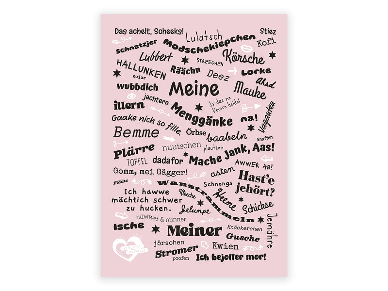 Rosa Poster mit einer Collage aus halleschen Dialekt-Ausdrücken in verschiedenen schwarzen Schriftarten. Zu sehen sind Begriffe wie „Meine“, „Modschekiepchen“, „Bemme“, „Hallunken“ und Redewendungen wie „Hast’e jehört?“