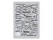Hellgraues Poster mit einer Collage aus halleschen Dialekt-Ausdrücken in verschiedenen schwarzen Schriftarten. Zu sehen sind Begriffe wie „Meiner“, „Lulatsch“, „Bemme“, „Hallunken“ und Redewendungen wie „Hast’e jehört?“