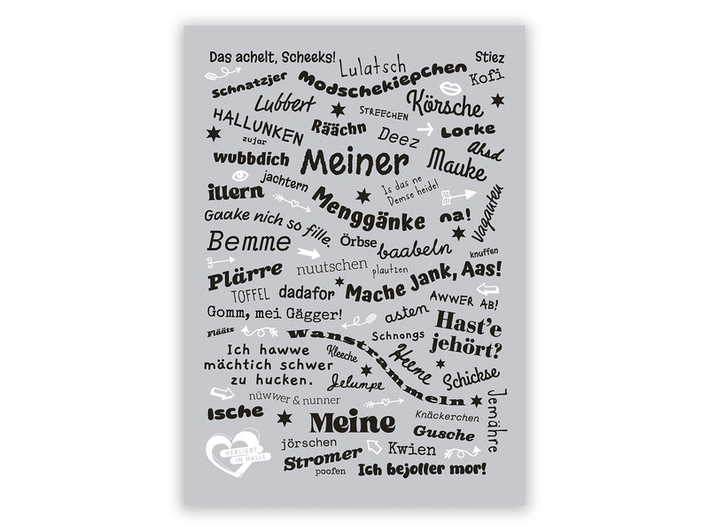 Hellgraues Poster mit einer Collage aus halleschen Dialekt-Ausdrücken in verschiedenen schwarzen Schriftarten. Zu sehen sind Begriffe wie „Meiner“, „Lulatsch“, „Bemme“, „Hallunken“ und Redewendungen wie „Hast’e jehört?“