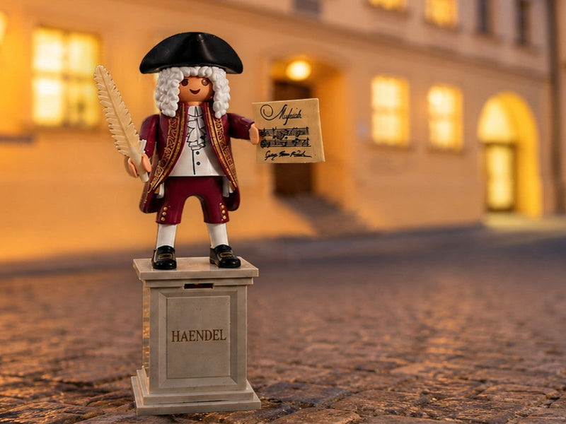 Eine Playmobil-Spielfigur des Komponisten Georg Friedrich Händel steht auf einem kleinen Sockel mit der Aufschrift „HAENDEL“ auf einem Kopfsteinpflaster. Die Figur trägt eine weiße Perücke, einen barocken Mantel und hält eine Schreibfeder sowie ein Notenblatt in den Händen. Im Hintergrund ist ein historisches, warm beleuchtetes Gebäude zur blauen Stunde zu sehen (Händel-Haus in Halle).