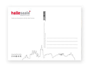 Die Postkarte „Hallescher Marktplatz mit den fünf Türmen“ hat einen weißen Hintergrund, oben links „hallesaale* HÄNDELSTADT“ in kräftigem Rot und Grau, rechts die Skyline von Halle mit den grau umrandeten fünf Türmen, dazu Adresszeilen und Barcode.