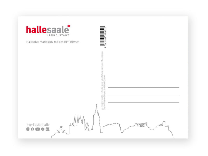 Die Postkarte „Hallescher Marktplatz mit den fünf Türmen“ hat einen weißen Hintergrund, oben links „hallesaale* HÄNDELSTADT“ in kräftigem Rot und Grau, rechts die Skyline von Halle mit den grau umrandeten fünf Türmen, dazu Adresszeilen und Barcode.
